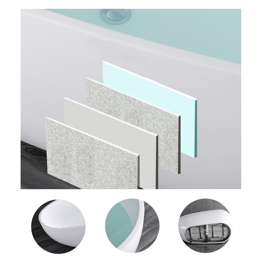 White Acrylic Oval Bathtub Freestanding Soaking Bath Tub with Center Drain