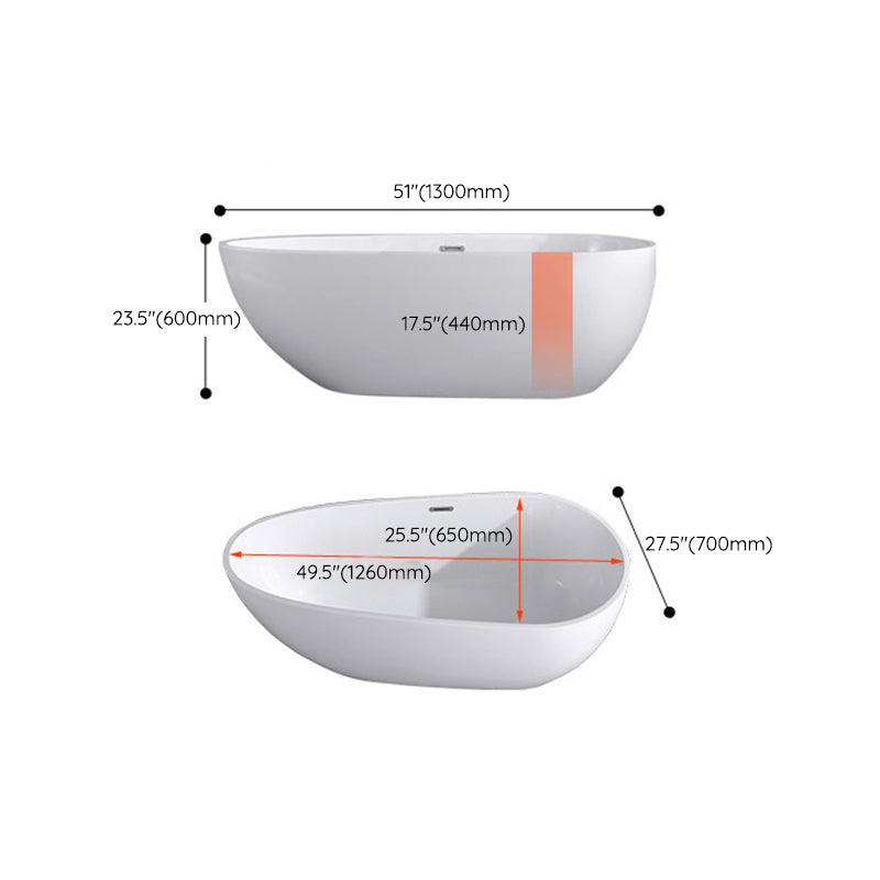 White Acrylic Oval Bathtub Freestanding Soaking Bath Tub with Center Drain