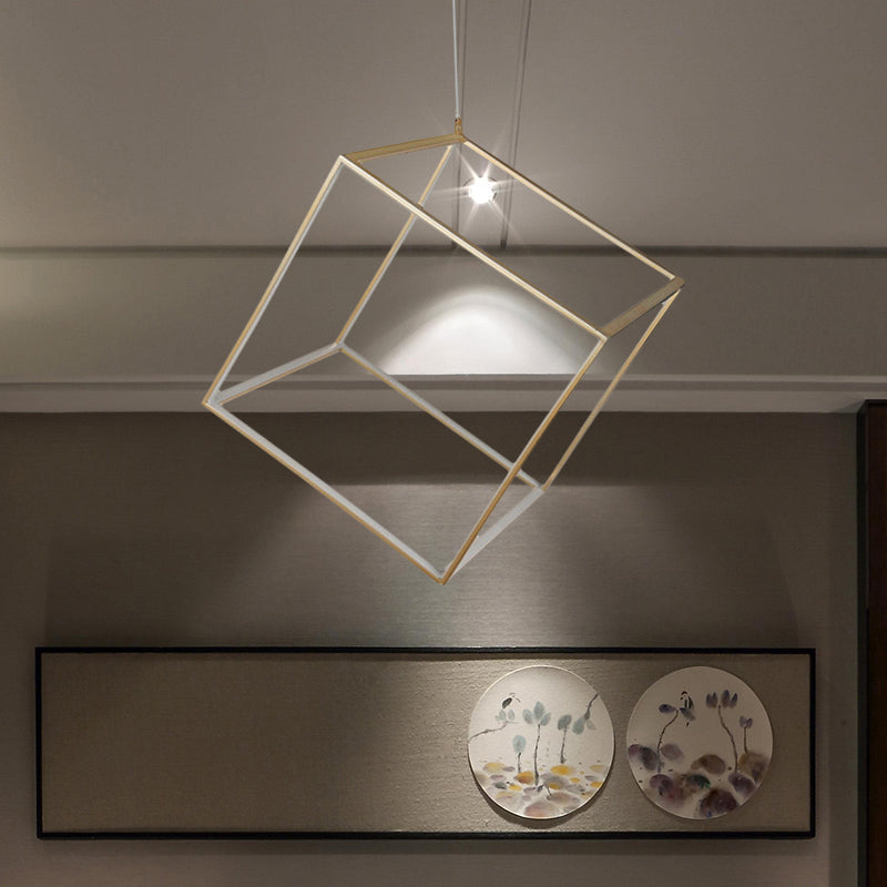 Aluminum Cubic Frame Chandelier Minimalist Gold/Silver LED Hanging Ceiling Light in Warm/White Light for Living Room