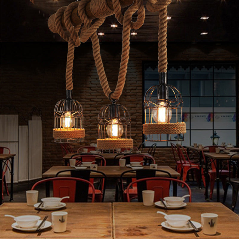 Industrial Style Birdcage Shape Island Pendants Rope Pendant Lights for Restaurant