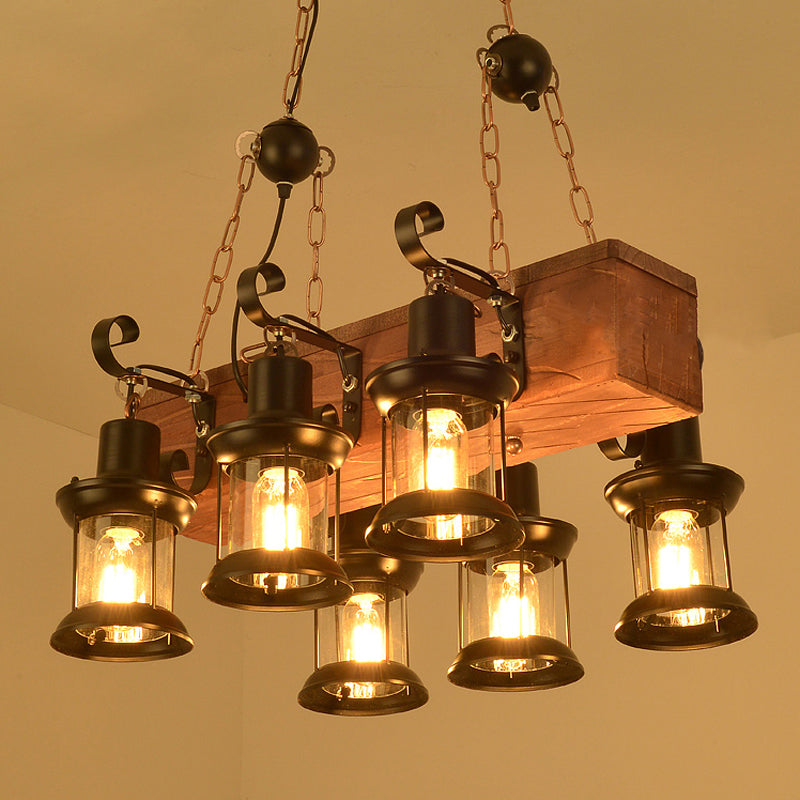 6-Lights Industrial Styl Island Pendants Wood Pendant Lights for Restaurant