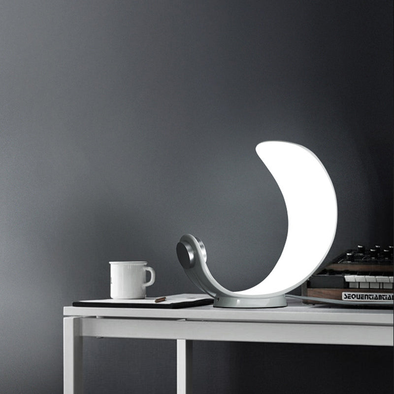 White Finish Bend Moon Shape Desk Light Simple LED Metallic Night Table Lamp for Bedside