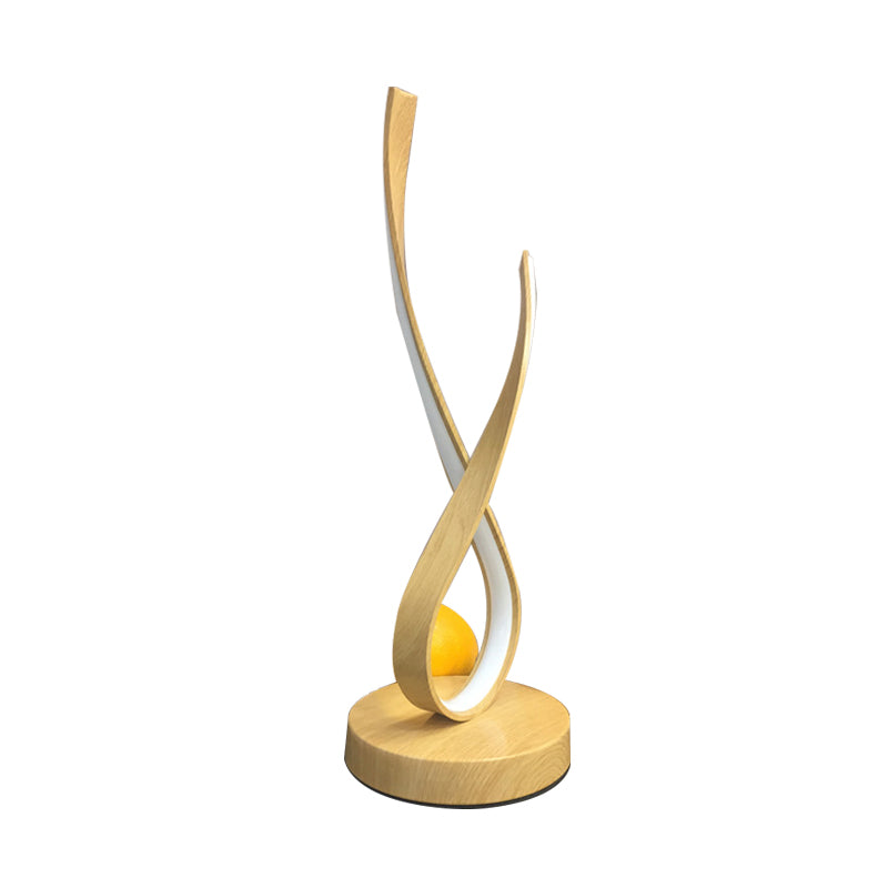 Beige Finish Twisted Desk Lighting Modernism LED Acrylic Nightstand Lamp, Wooden Base