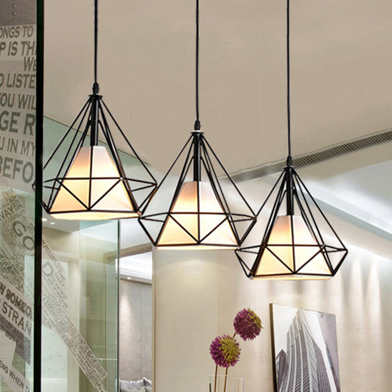 3 Heads Hanging Pendant Light with Diamond Cage Shade Metal Industrial Dining Room Ceiling Lamp in Black