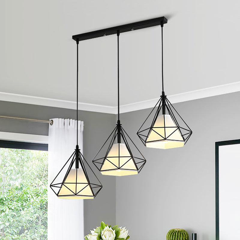 3 Heads Hanging Pendant Light with Diamond Cage Shade Metal Industrial Dining Room Ceiling Lamp in Black