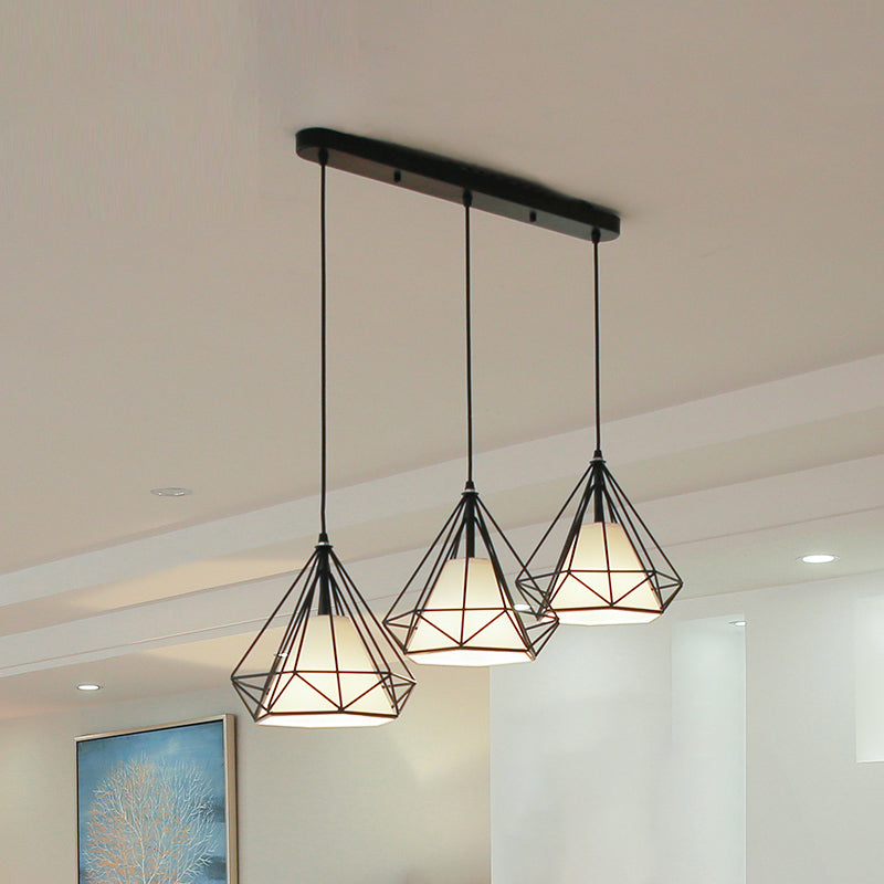 3 Heads Hanging Pendant Light with Diamond Cage Shade Metal Industrial Dining Room Ceiling Lamp in Black