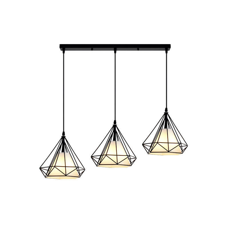 3 Heads Hanging Pendant Light with Diamond Cage Shade Metal Industrial Dining Room Ceiling Lamp in Black