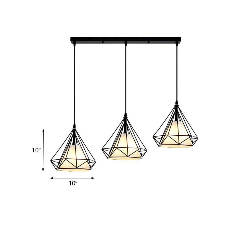 3 Heads Hanging Pendant Light with Diamond Cage Shade Metal Industrial Dining Room Ceiling Lamp in Black