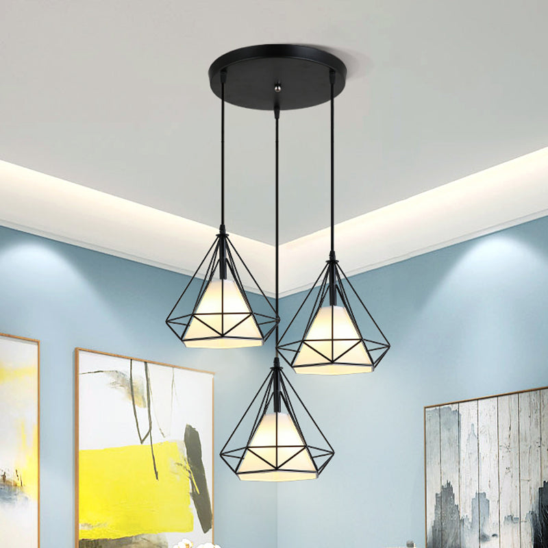 3 Heads Hanging Pendant Light with Diamond Cage Shade Metal Industrial Dining Room Ceiling Lamp in Black