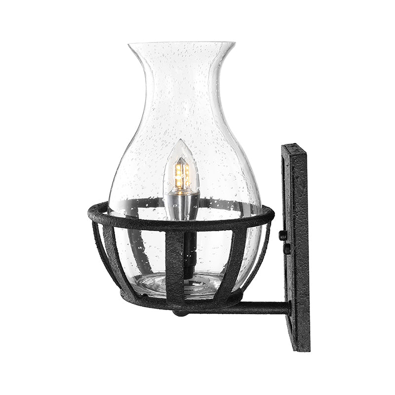 One Bulb Wall Sconce Lighting Bottle Shade Seeded Glass Industrial Living Room Light Fixture in Black