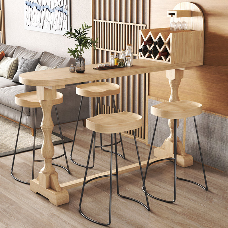 Trestle Base Bar Table Contemporary Solid Wood Bar Dining Table with Wine Rack