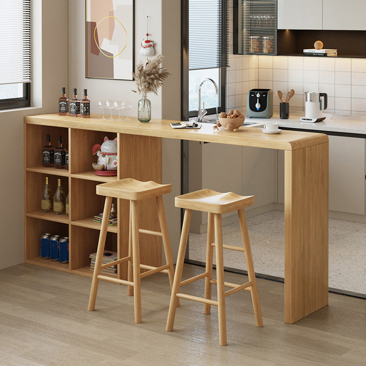 Solid Wood Bar Dining Table Pedestal Rectangle Bistro Bar Table in Natural with Shelves