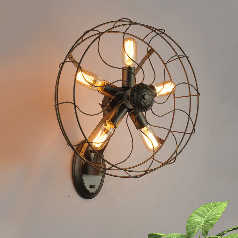 Black Wire Frame Wall Sconce with Fan Design Industrial Metal 5 Lights Corridor Wall Mount Light