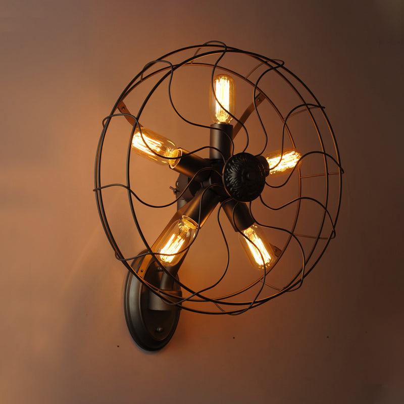 Black Wire Frame Wall Sconce with Fan Design Industrial Metal 5 Lights Corridor Wall Mount Light