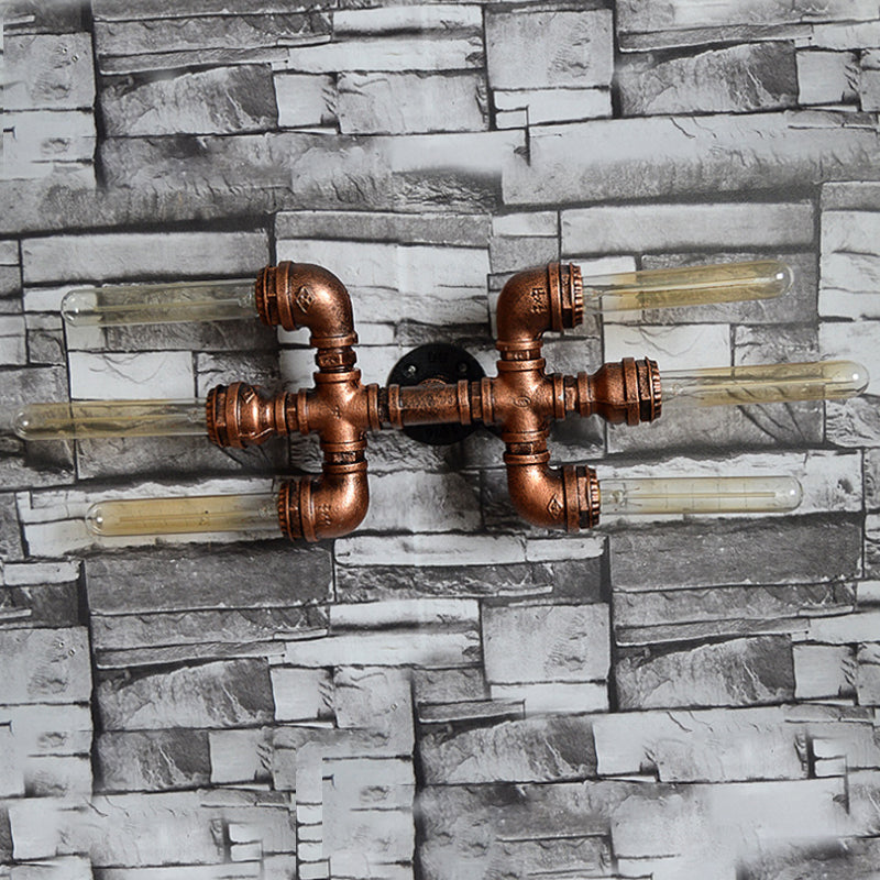 2/3/4 Heads Expose Bulb Wall Lighting with Pipe Design Rustic Weathered Copper Wrought Iron Wall Sconce Lamp