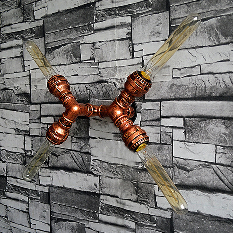 2/3/4 Heads Expose Bulb Wall Lighting with Pipe Design Rustic Weathered Copper Wrought Iron Wall Sconce Lamp