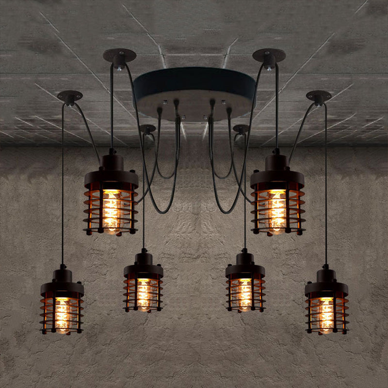 6 Leichte Eisendecke Beleuchtung Bauernhausstil Schwarz Zylinder Käfig Schatten Schlafzimmer Hängende Leuchte mit Spinnendesign