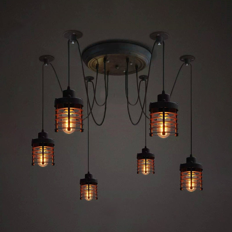 6 Leichte Eisendecke Beleuchtung Bauernhausstil Schwarz Zylinder Käfig Schatten Schlafzimmer Hängende Leuchte mit Spinnendesign
