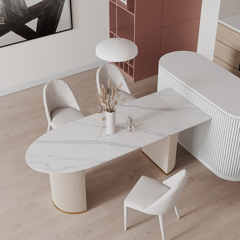 Freeform Sintered Stone Dining Table Luxury White Table with Double Pedestal