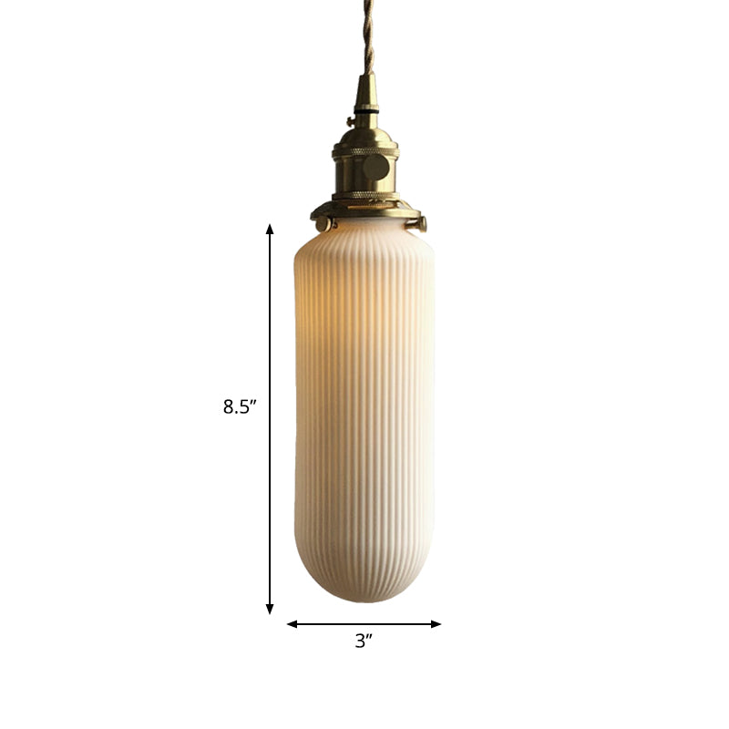 Ellipsoidal/Cylinder/Global Dining Room Pendant Lamp Ribbed Glass 1 Light Modern Hanging Light Kit in Ivory