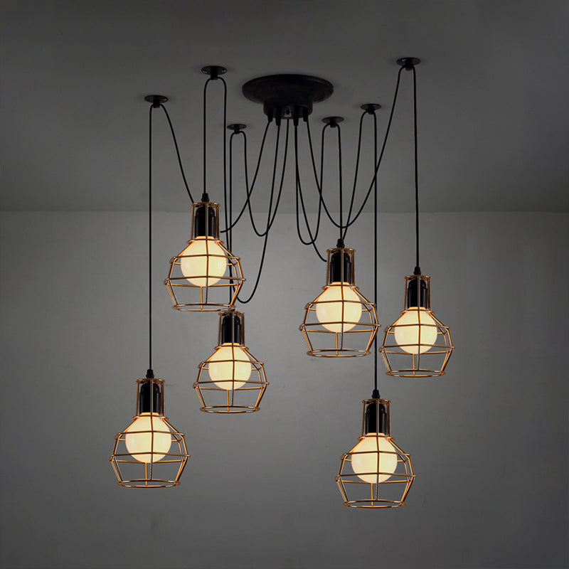 6 Bulbs Spider Pendant Hanging Light with Wire Guard Industrial Style Black/Gold Iron Ceiling Lamp for Dining Room