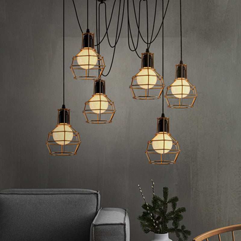 6 Bulbs Spider Pendant Hanging Light with Wire Guard Industrial Style Black/Gold Iron Ceiling Lamp for Dining Room