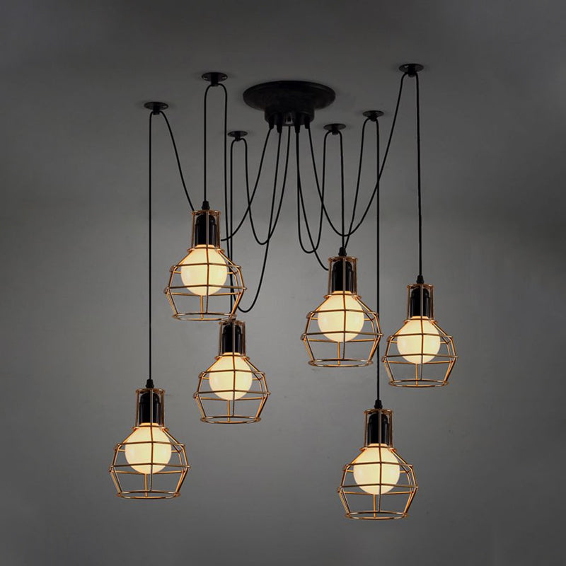 6 Bulbs Spider Pendant Hanging Light with Wire Guard Industrial Style Black/Gold Iron Ceiling Lamp for Dining Room