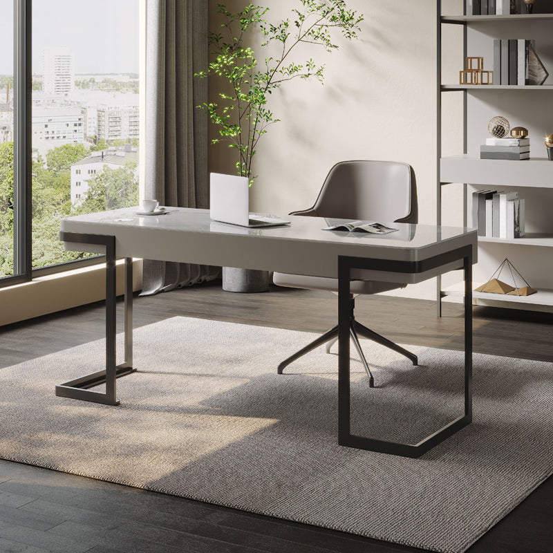 Pewter Glam Writing Desk Metal and Stone Office Desk with 2 Storage Drawers