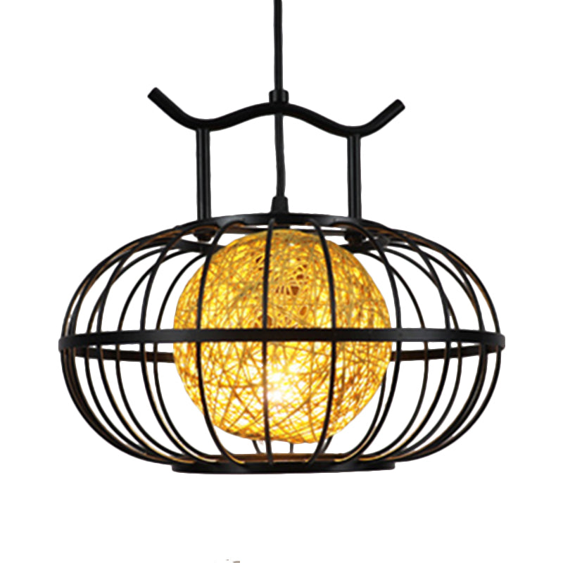 Metallkürbiskäfighängeanhänger Licht mit innerer Rattankugel Schatten Asian Style 1 Light Suspension Lampe in Rot/Gelb