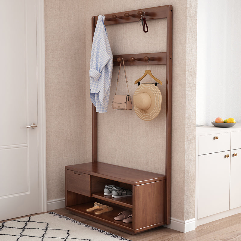 Contemporary Style Coat Hanger Hooks Design Solid Rubberwood Coat Rack with Drawer