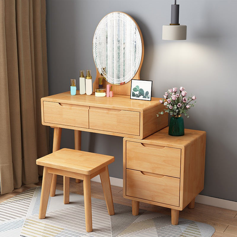 31. 5" W Wood Vanity Table with Mirror & Stool 4 Drawers Simple Makeup Vanity Table Set