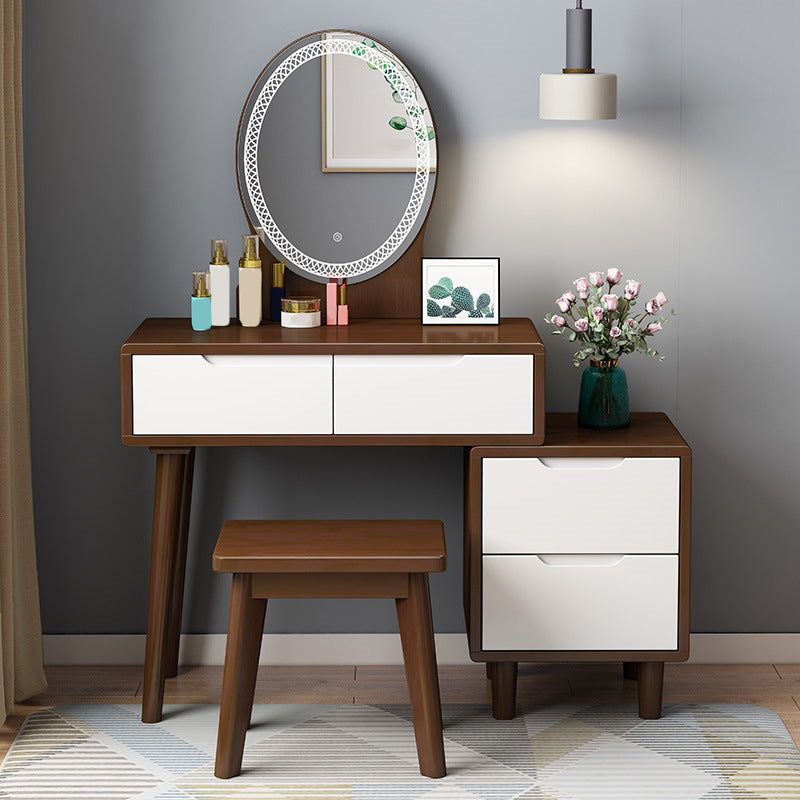 31. 5" W Wood Vanity Table with Mirror & Stool 4 Drawers Simple Makeup Vanity Table Set