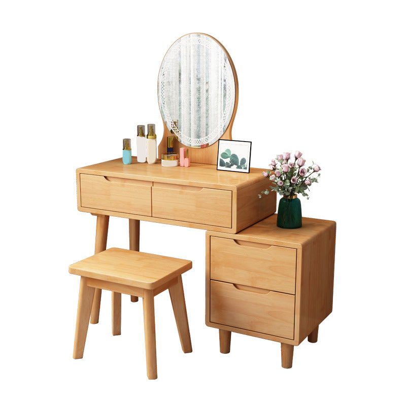 31. 5" W Wood Vanity Table with Mirror & Stool 4 Drawers Simple Makeup Vanity Table Set