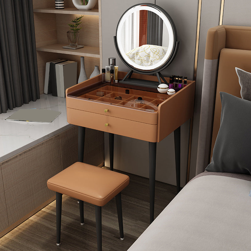 Solid Wood Vanity Table Modern Glass Top Vanity Table and Stool Set with Drawers