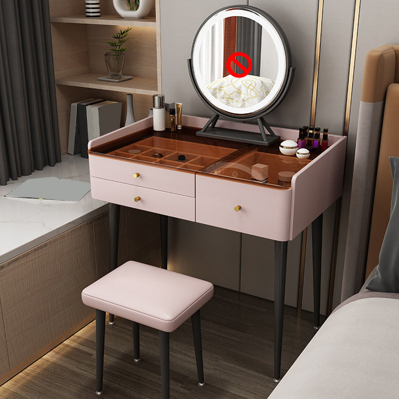 Solid Wood Vanity Table Modern Glass Top Vanity Table and Stool Set with Drawers