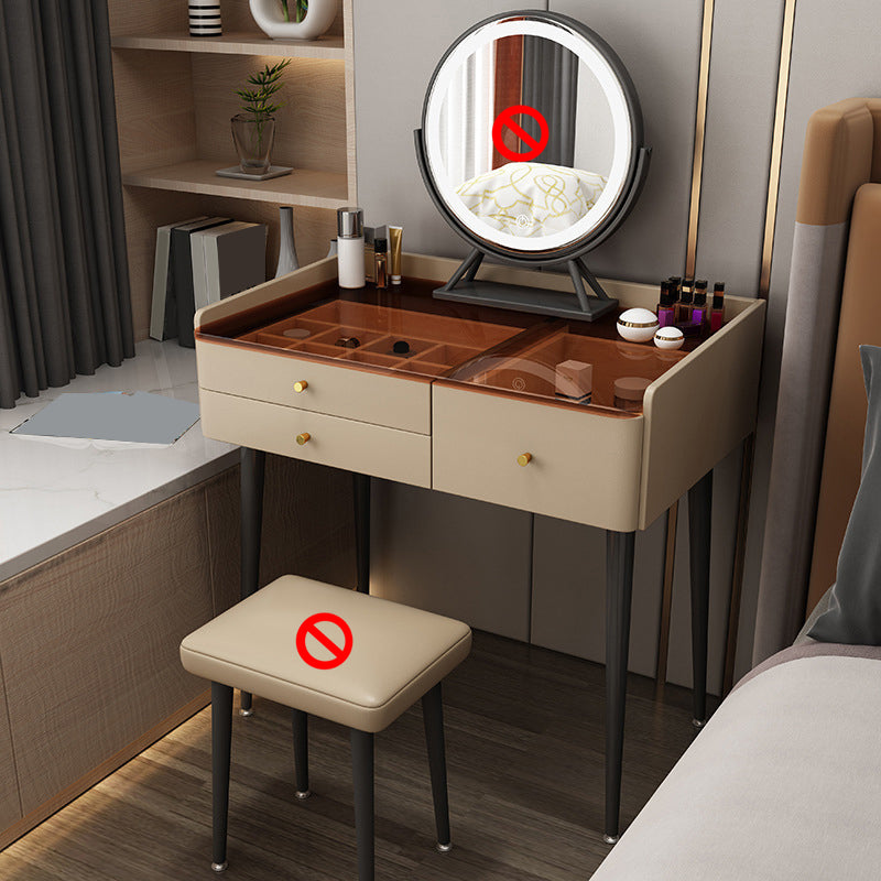 Solid Wood Vanity Table Modern Glass Top Vanity Table and Stool Set with Drawers