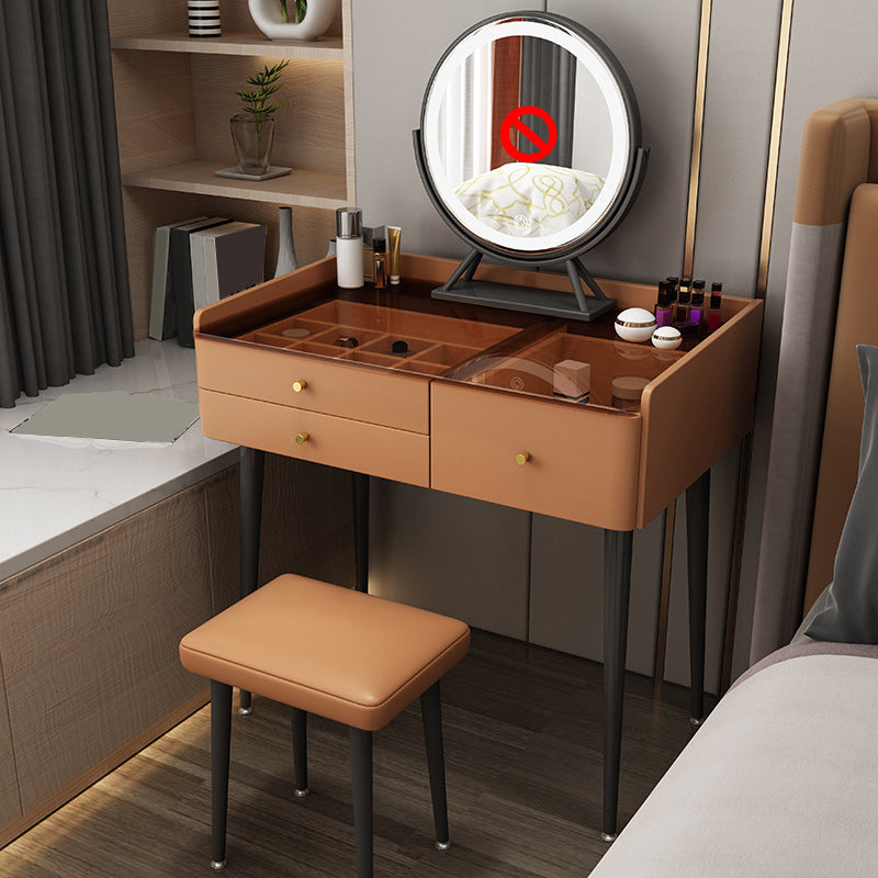 Solid Wood Vanity Table Modern Glass Top Vanity Table and Stool Set with Drawers