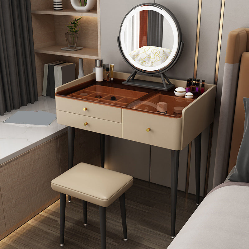Solid Wood Vanity Table Modern Glass Top Vanity Table and Stool Set with Drawers