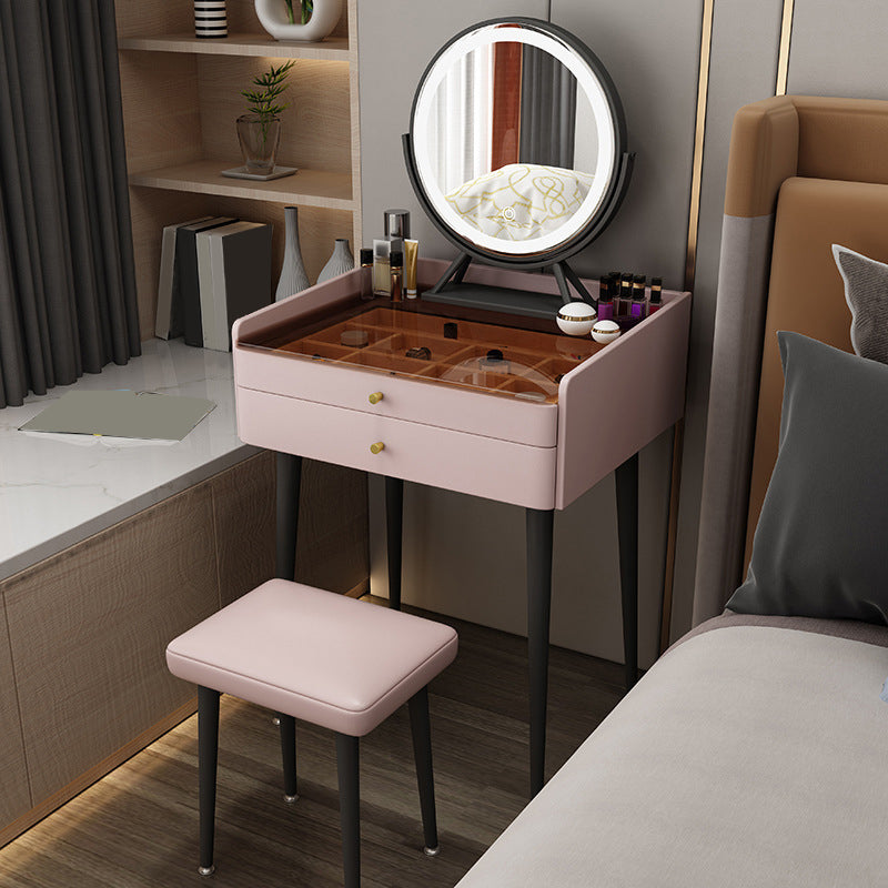 Solid Wood Vanity Table Modern Glass Top Vanity Table and Stool Set with Drawers
