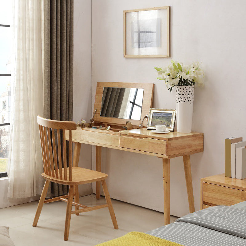 Scandinavian Wood Dressing Table Mirrored Makeup Vanity Stool Set