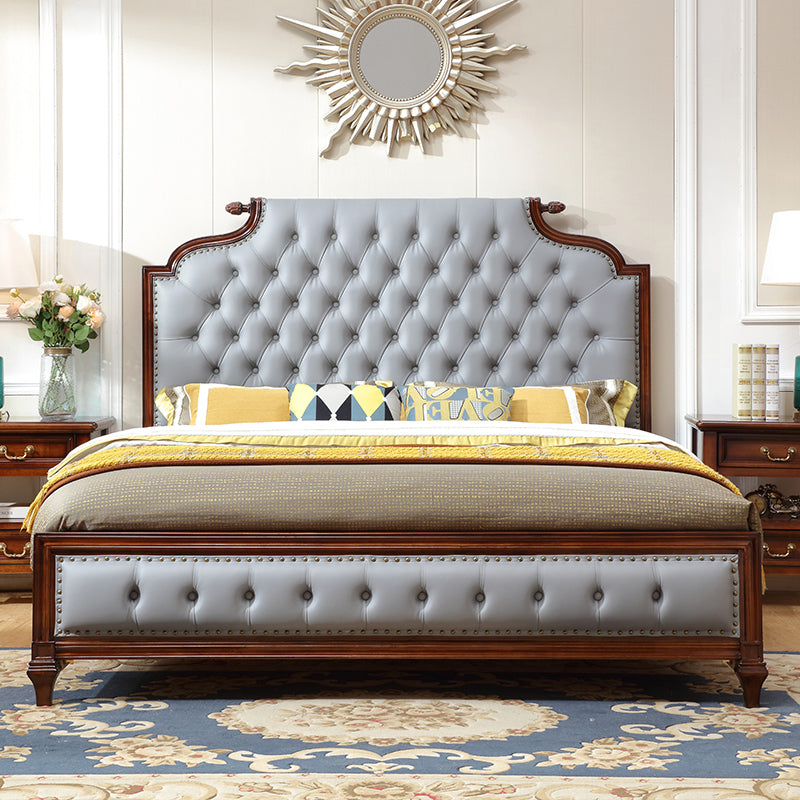 Traditional Brown Panel Bed 57.08" High Oak Bed with Upholstered Headboard