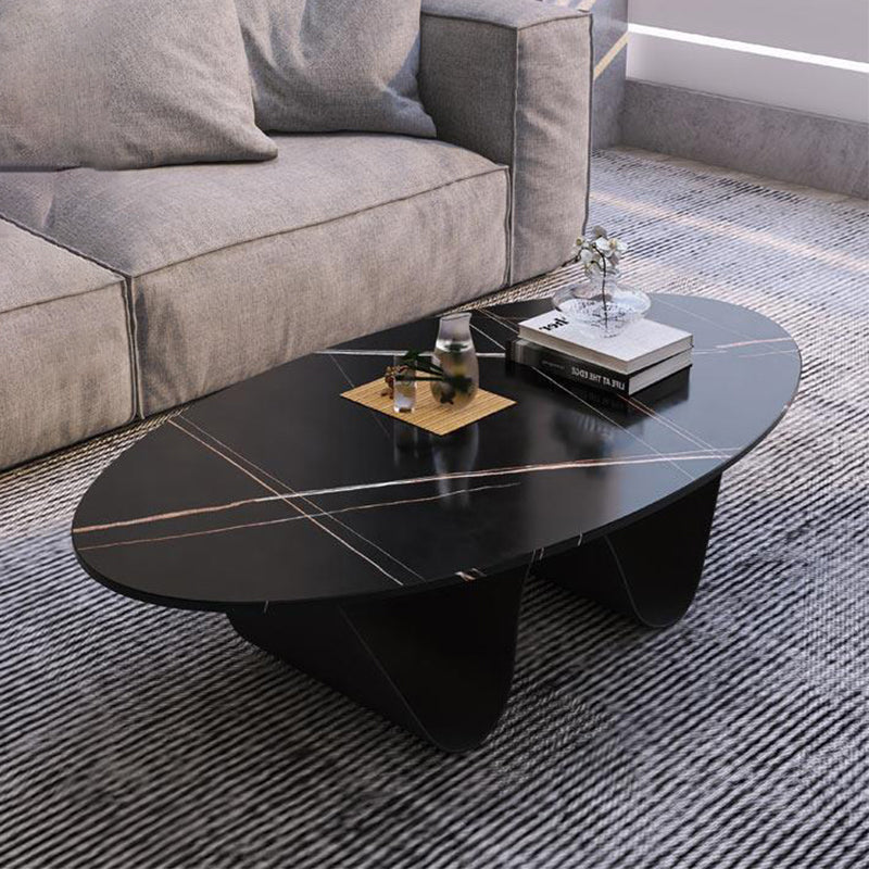 Glam Style Stone Top Coffee Table with Steel Base in Oval Cocktail Table