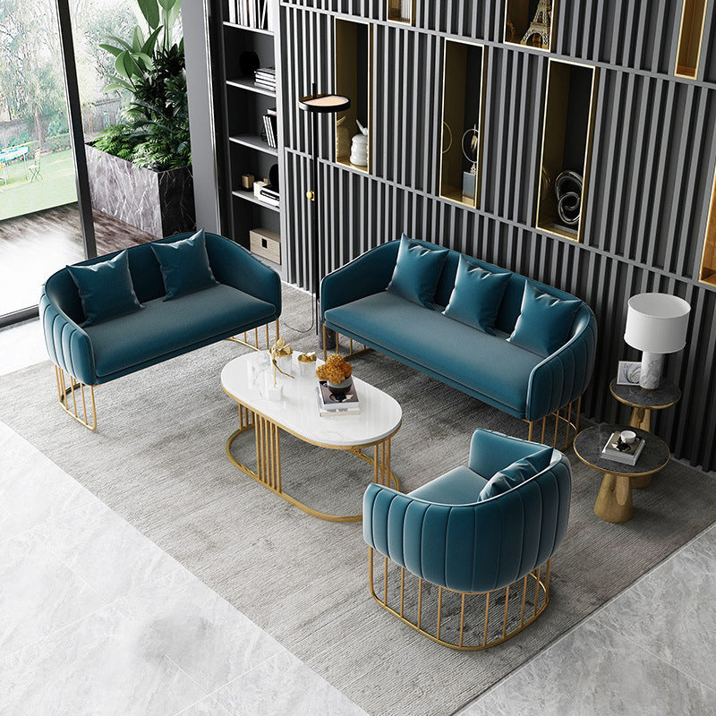 Blue/Gray Velvet Sofa Modernism Tuxedo Arm Sofa with Pillows