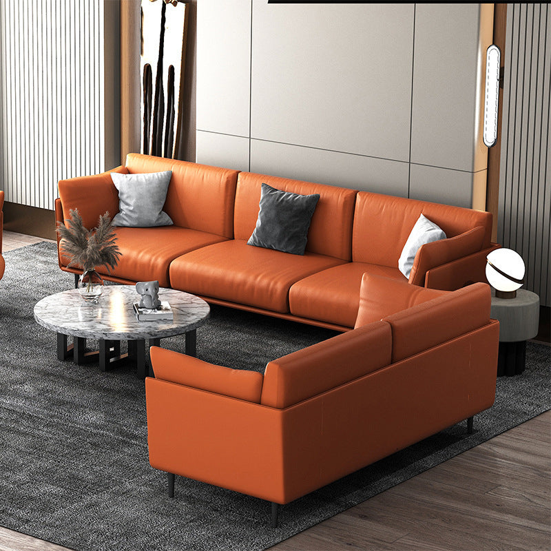 Faux Leather Orange Sofa Pillow Top Arm Sofa with Metal Legs