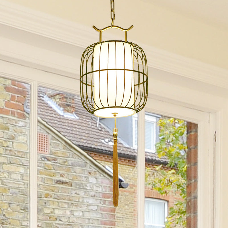 1 Kopf im Indoor -Anhängerlampe mit Zylinder Bambus Schatten chinesischer Stil Schwarz/Gold Hanging Fixture
