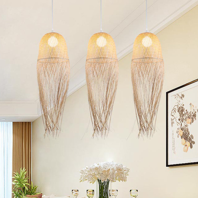 Hand-Knitted Pendant Light with Tassel Design Modern Bamboo 1 Head Beige Hanging Lamp for Dining Room