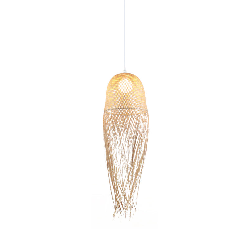 Hand-Knitted Pendant Light with Tassel Design Modern Bamboo 1 Head Beige Hanging Lamp for Dining Room