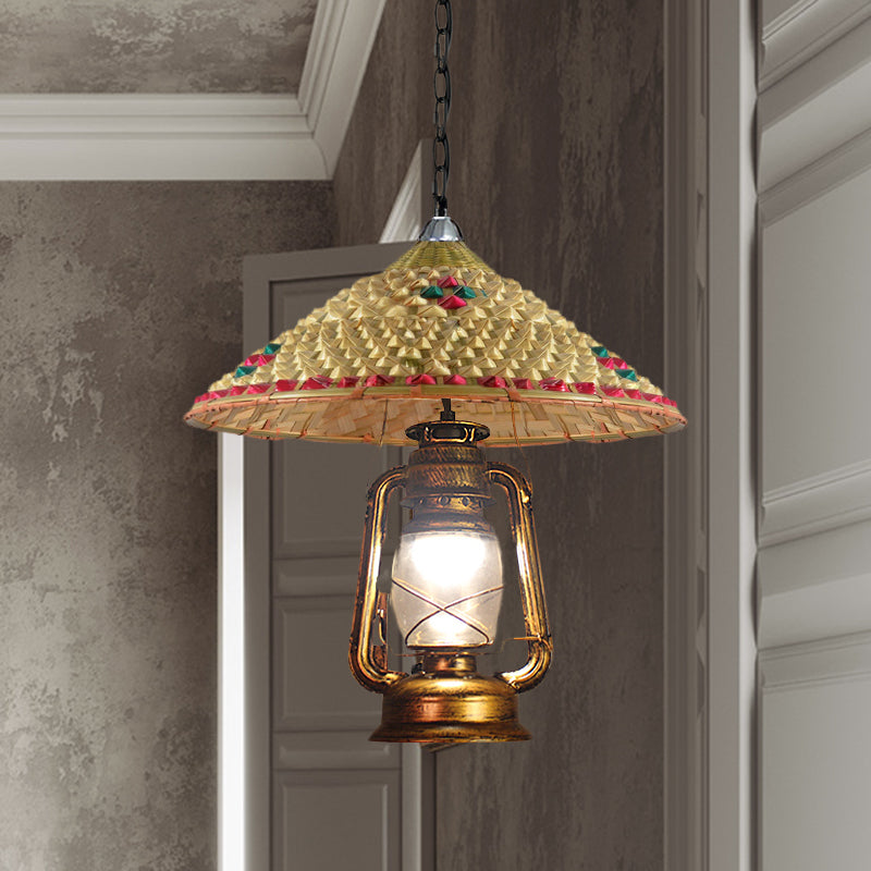 South-East Asienhut geformte hängende Lampe Rattan 15 "/16,5" W 1-Kopf-Innenpendellicht mit Laternschatten in Beige