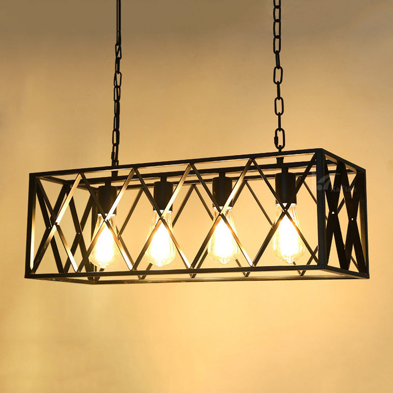Industrial Style Rectangle Island Pendants Metal Pendant Lights in Black for Dining Room