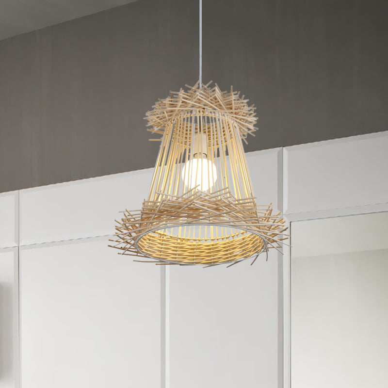 Lámpara colgante de techo de techo de techo de cono de ratán Una luz de madera ligera para el comedor